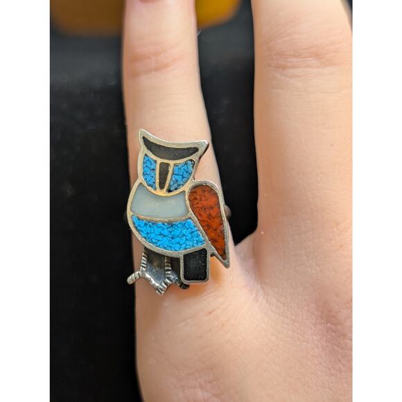 Vintage Native American Zuni Turquoise Sterling Silver Owl Inlay Ring Size 3.75 - Picture 7 of 7
